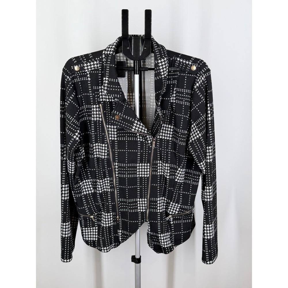 Perch by Blu Pepper Womens 2XL Houndstooth Plaid Moto Jacket Black White